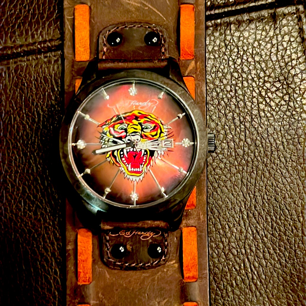 Ed Hardy Brown Leather Cuff Watch With Tiger Dial And Crystal Dial Accen